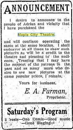 Maple City Theatre - Jul 25 1913 Annoucement (newer photo)